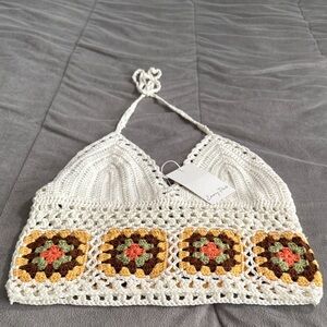 emory park womens Cream Crochet Halter top Multicolor Granny Squares Sz S
